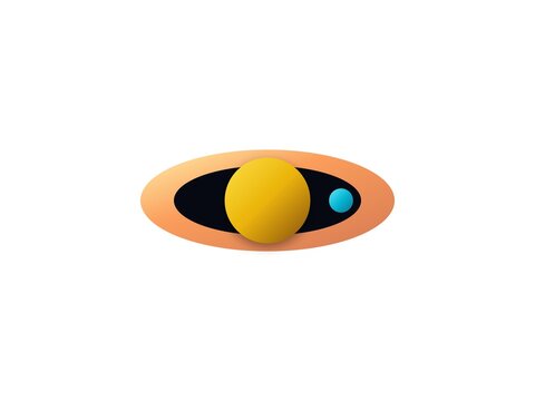 Minimalist graphic illustration of a yellow planet with rings and a moon
