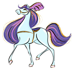 Whimsical fantasy horse with a flowing purple and lavender glitter mane and pale blue coat, perfect for princess themed nursery art and storybook decor. Commercial use illustration. © Habitus Art