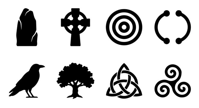 Celtic Symbols Vector Icons Set, Ancient Irish Art, Pagan Motifs, Mystical Lore, Spiritual Graphics, Historical Icons, Black and White