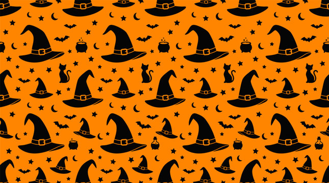 Seamless pattern with witch hats, cats, bats, cauldrons and stars on orange background