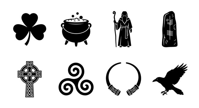 Celtic Icons Collection: Shamrock, Cauldron, Wizard, Rune Stone, Cross, Triskele, Torc, Raven Symbols