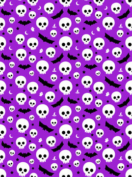 Seamless halloween pattern with skulls, bats, ghosts, and stars on a purple background