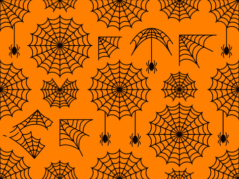 Seamless pattern with black spider webs and spiders on an orange background for halloween