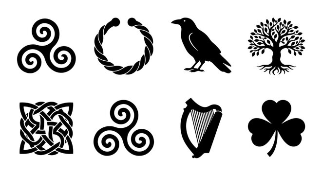Celtic Symbols Vector Icons: Triskele, Torc, Raven, Tree of Life, Knotwork, Harp, Shamrock for Irish Heritage and Mythology Graphics