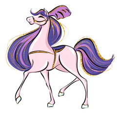 Whimsical fantasy horse with a flowing purple and lavender glitter mane and soft pink coat, perfect for princess themed nursery art and storybook decor. Commercial use illustration. © Habitus Art
