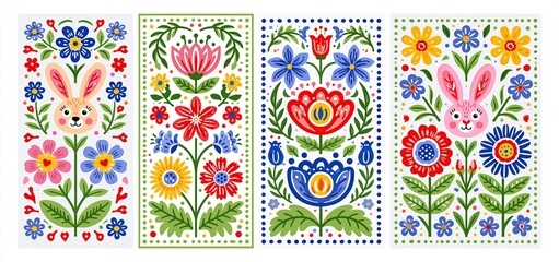 Naklejka premium Spring holiday posters with colorful floral motifs and playful bunny illustrations in a lively folk style.