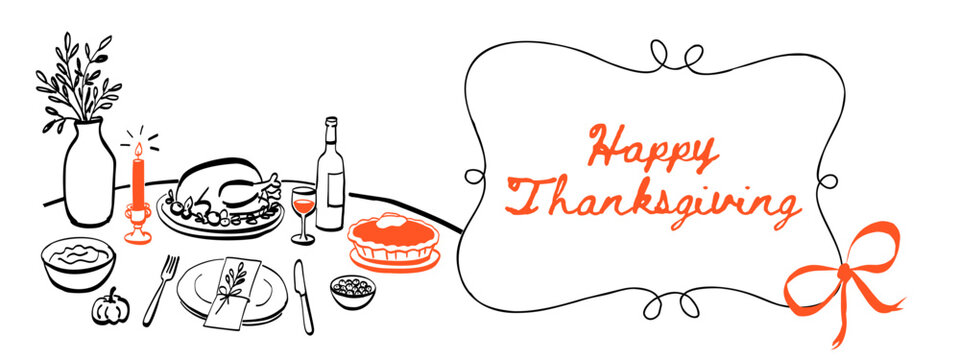 Whimsical Thanksgiving celebration banner with feast, wine, and festive message
