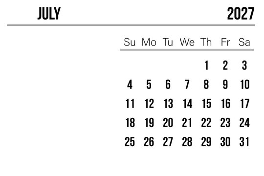 Minimalist July 2027 calendar layout with bold typography and clean design