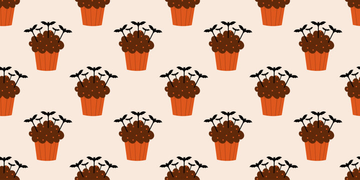 Seamless Pattern. Halloween Cupcake with bat. Vector flat illustration.