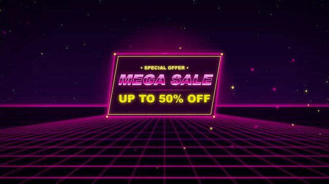 Cyberpunk style 80s retro wave mega sale neon sign background animation loop for futuristic retail promotion