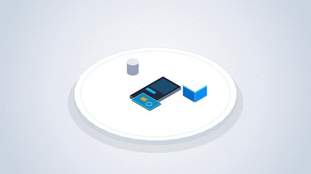 3D isometric rendering of a phone with a secure element and a data storage device, representing digital security and data management solutions