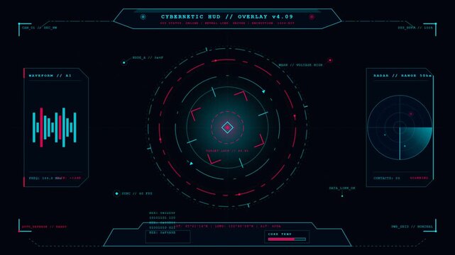 Futuristic cybernetic head up display interface scanning radar and telemetry data