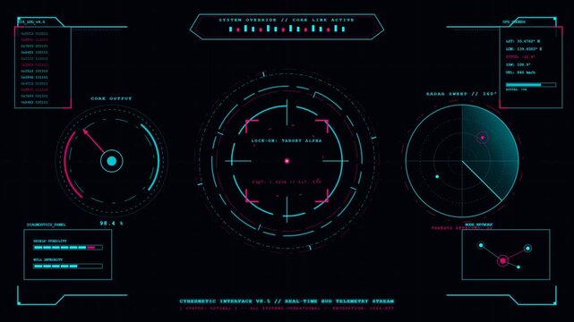 Futuristic Cybernetic HUD Interface with Rotating Radar and Targeting Reticle