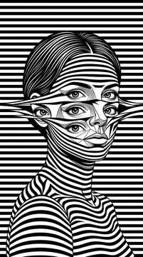 Abstract woman face with multiple eyes in striped optical art style.