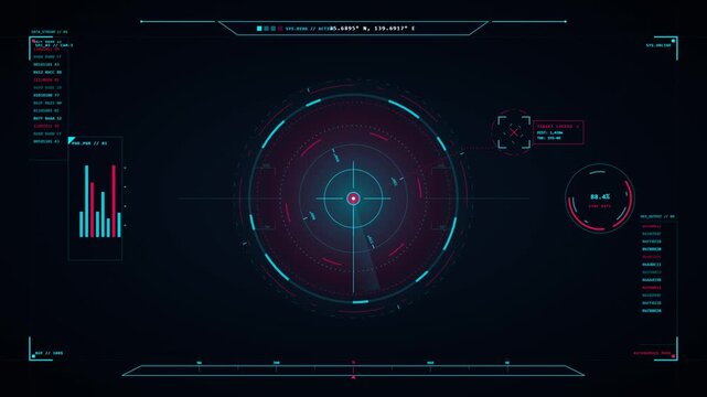 Futuristic digital radar and telemetry interface sweeping data across screens