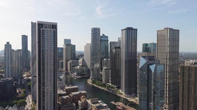 Aerial view of modern skyscrapers and financial district skyline in Canary Wharf London.