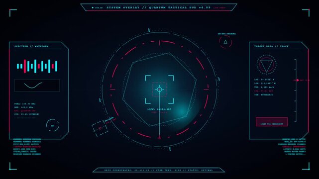 Futuristic digital tactical head up display with radar and data panels