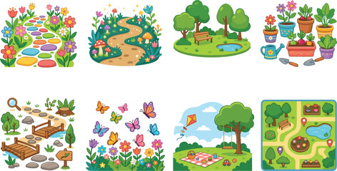 Naklejka premium Garden and Outdoor Nature Illustration Collection with Flowers, Parks and Landscape Elements