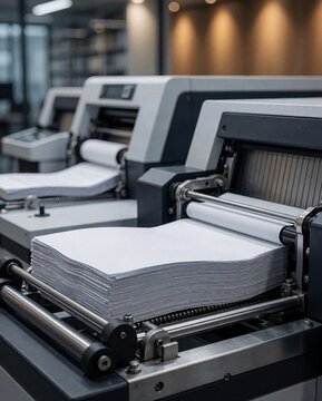 Industrial paper folding machine processing a stack of white documents in a modern office