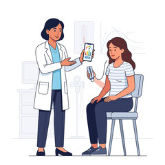Obraz premium Doctor showing patient digital health app and thermometer on smartphone, medical check-up, illustration