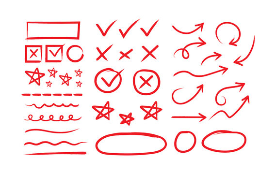Set of Hand drawn pen line highlight red. Line red hand drawn pen marker stroke underline, arrow, check mark emphasis. Round oval, circle scribble frame, arrow elements, PNG.