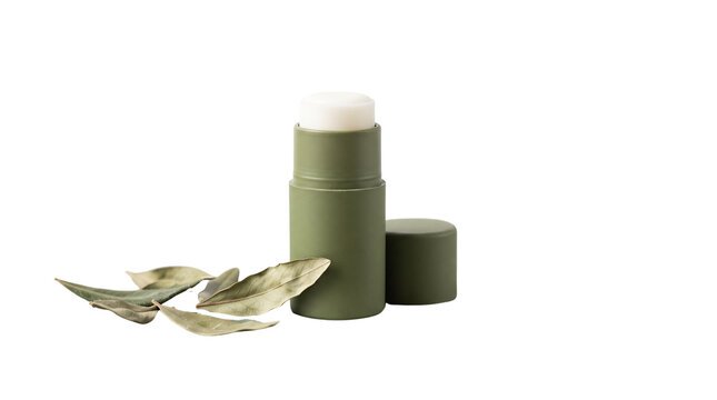 Natural deodorant stick in olive green tube, organic lip balm container with dried leaves, eco-friendly skincare packaging on white background