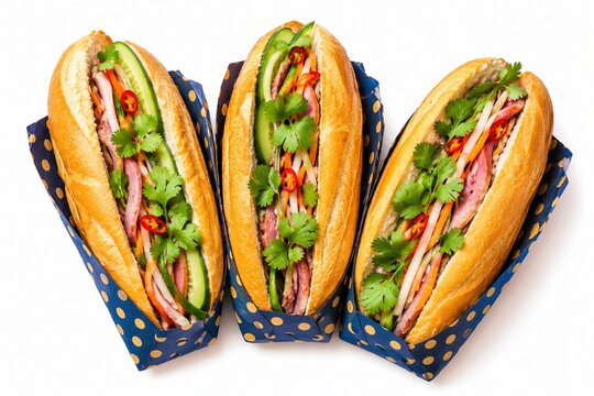 Three delicious Vietnamese Banh Mi sandwiches on blue paper holders