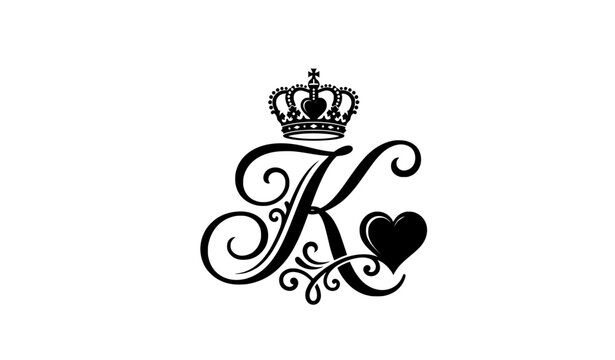 Elegant letter k monogram with a royal crown and a heart shape in black on a white background
