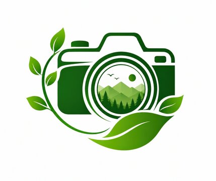 Green camera icon with nature leaves and mountain landscape inside the lens