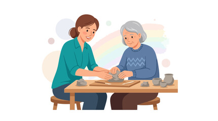 Fototapeta premium Intergenerational Pottery Class: Young Woman Assists Elder with Clay Sculpting, Fostering Connection and Creativity