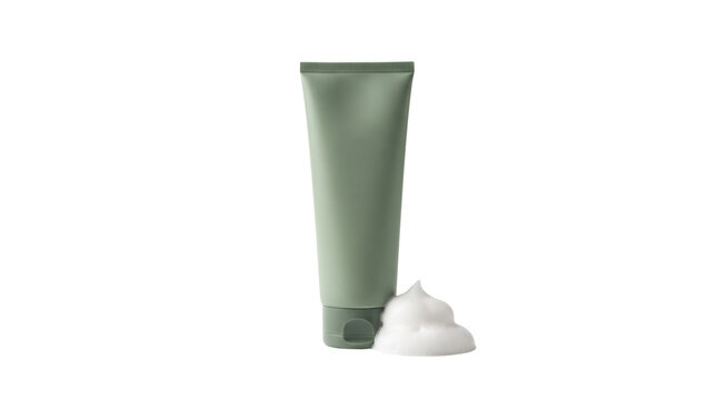 Sage green cosmetic tube mockup with white foam swirl. Minimalist skincare packaging on white background. Organic beauty product container.