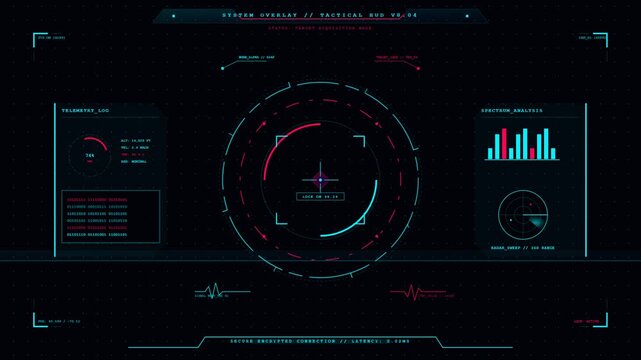 Futuristic sci fi tactical HUD interface with radar and telemetry logs