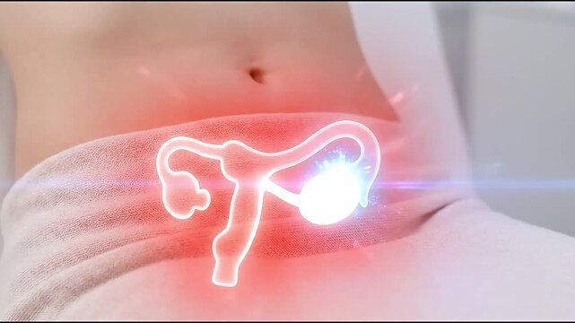 Polycystic Ovary Syndrome Hormone Imbalance, Pelvic Discomfort, Reproductive System Inflammation and Medical Illustration of Glowing Uterus and Ovaries in Female Abdomen