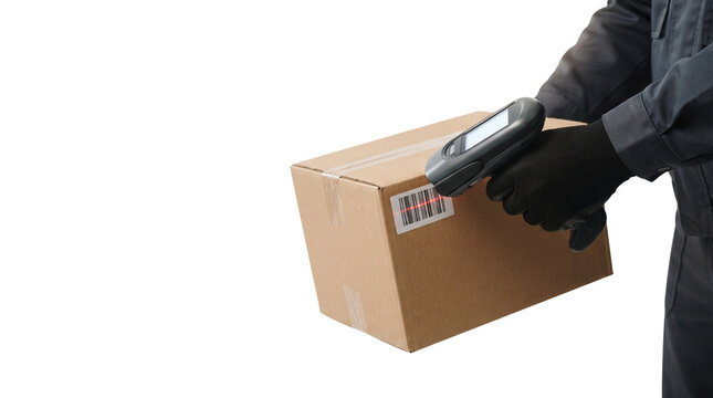 Warehouse worker scanning barcode on cardboard box, logistics delivery person using handheld scanner, shipping package tracking
