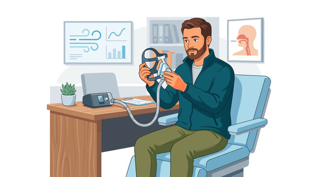 Man in doctor's office holding CPAP mask, with sleep apnea diagnostic equipment and charts