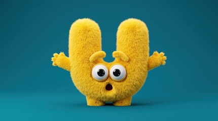 Fototapeta premium Surprised yellow fuzzy monster character shaped like letter U with raised arms. A wide-eyed plush toy figure on a teal background, perfect for expressive alphabet sets or playful branding.
