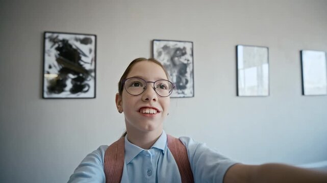 Portrait of Caucasian teenage girl with glasses holding camera POV style, smiling and talking in art gallery. Video is perfect for marketing school excursions and youth cultural education