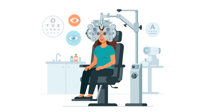Optometrist eye exam with patient seated at phoropter, illustrating vision care and ophthalmology in a modern clinic setting.