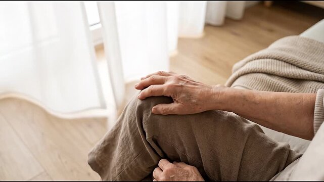 Knee pain from osteoarthritis affects older adult at home, with hands gently supporting joint, worried expression, leg discomfort, arthritis symptoms, and limited mobility during daily activities