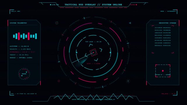 Futuristic tactical hud overlay with rotating radar and telemetry data