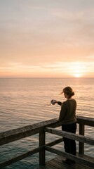 Fototapeta premium Woman scattering ashes from a small urn over the sea at sunset. Memorial ritual symbolizing grief, remembrance, farewell, healing, and peaceful reflection beside a wooden pier.