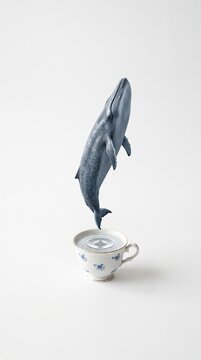 Surreal whale jumping out of a delicate floral teacup.