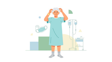 Fototapeta premium Patient in Hospital Gown and Cap with IV Drip, Medical Equipment, and Surgical Mask