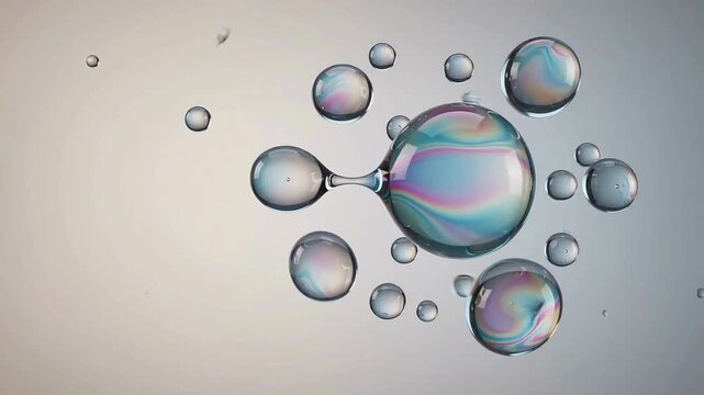 Macro Shot of Colorful Iridescent Water Droplets Merging on a Light Surface.