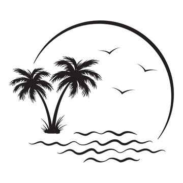 Sunset tropical beach with palm trees and sea. Nature landscape and seascape. Seascape icon.