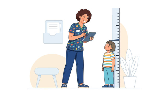Pediatrician measures child's height using stadiometer in clinic, doctor records data on tablet, healthcare concept