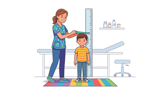 Pediatrician measures child's height with stadiometer in examination room, medical check-up concept