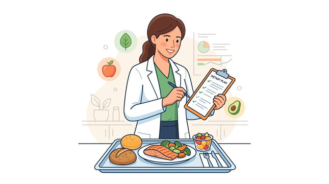 Nutritionist with Dietary Plan and Healthy Meal, Vector Illustration