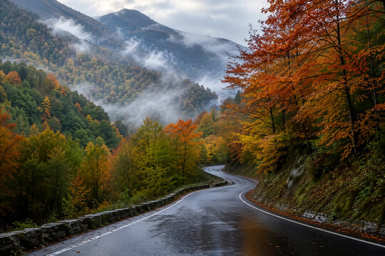 The wet road winding through misty mountains offers impressive natural scenery with colorful autumn forests.