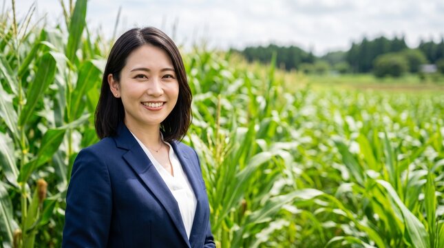 プロフィール写真をイメージした、豊かなトウモロコシ畑を背にして穏やかな笑顔をカメラに向けている知的な印象の20代日本人女性社員のバストアップポートレート